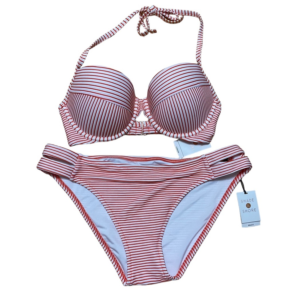 Shade & Shore Red White Striped Bikini Size Large / 34D